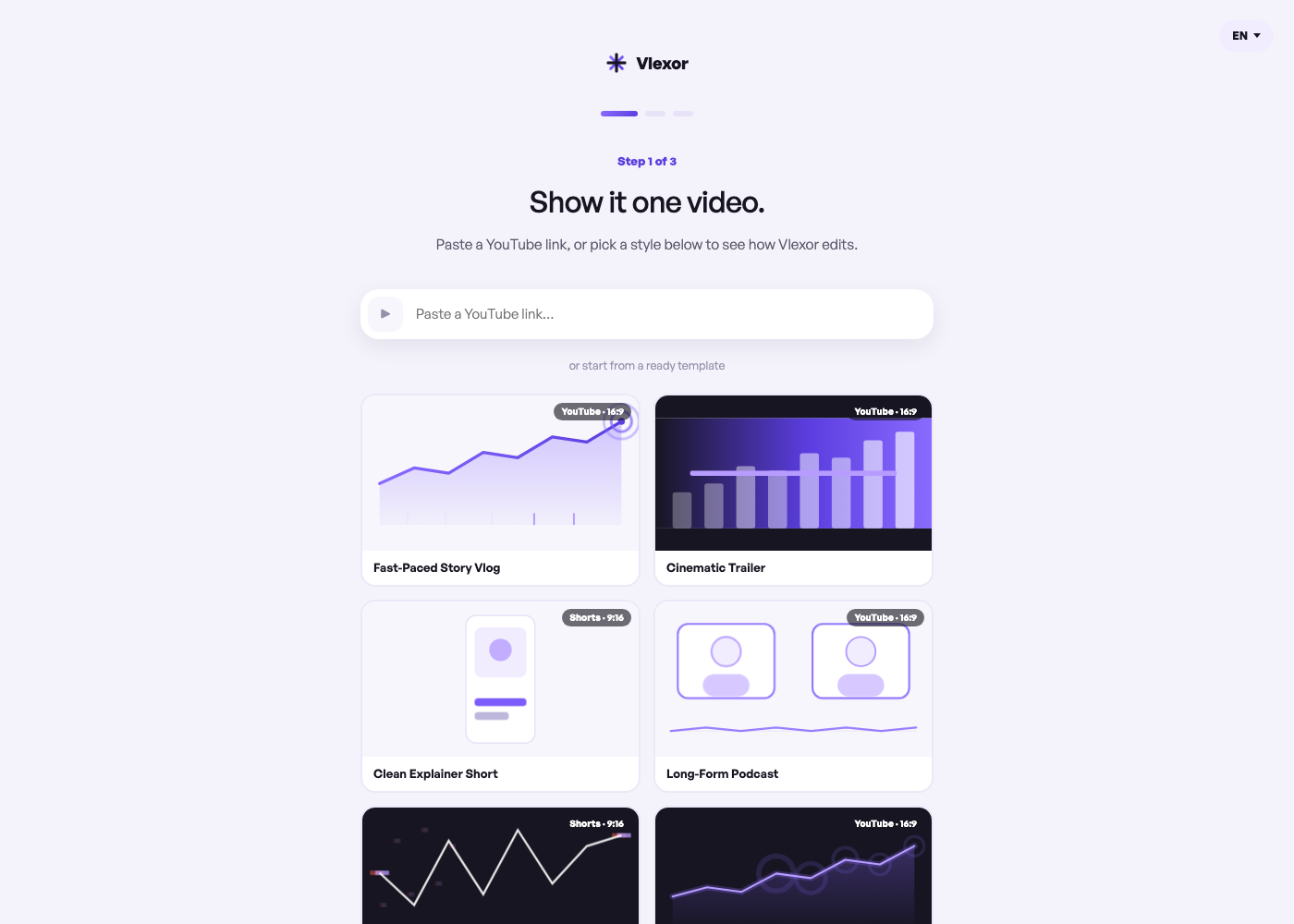 Onboarding step 1 — the reference video field and style template gallery